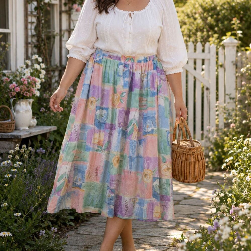 Vintage Alfred Dunner 18W Pastel Floral Midi Skirt Cottagecore USA Cottagecore